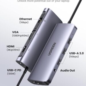 Alternative view of UGREEN USB C Hub (UG-15601)-10-in-1 USB-C Docking Station, 4K HDMI& VGA Dual Monitor, 1Gbps Ethernet, 100W PD, 3 3.0 Ports, 3.5mm Audio Jack, SDTF Card Reader Multiport Adapter for MacBook iPad Dell HP