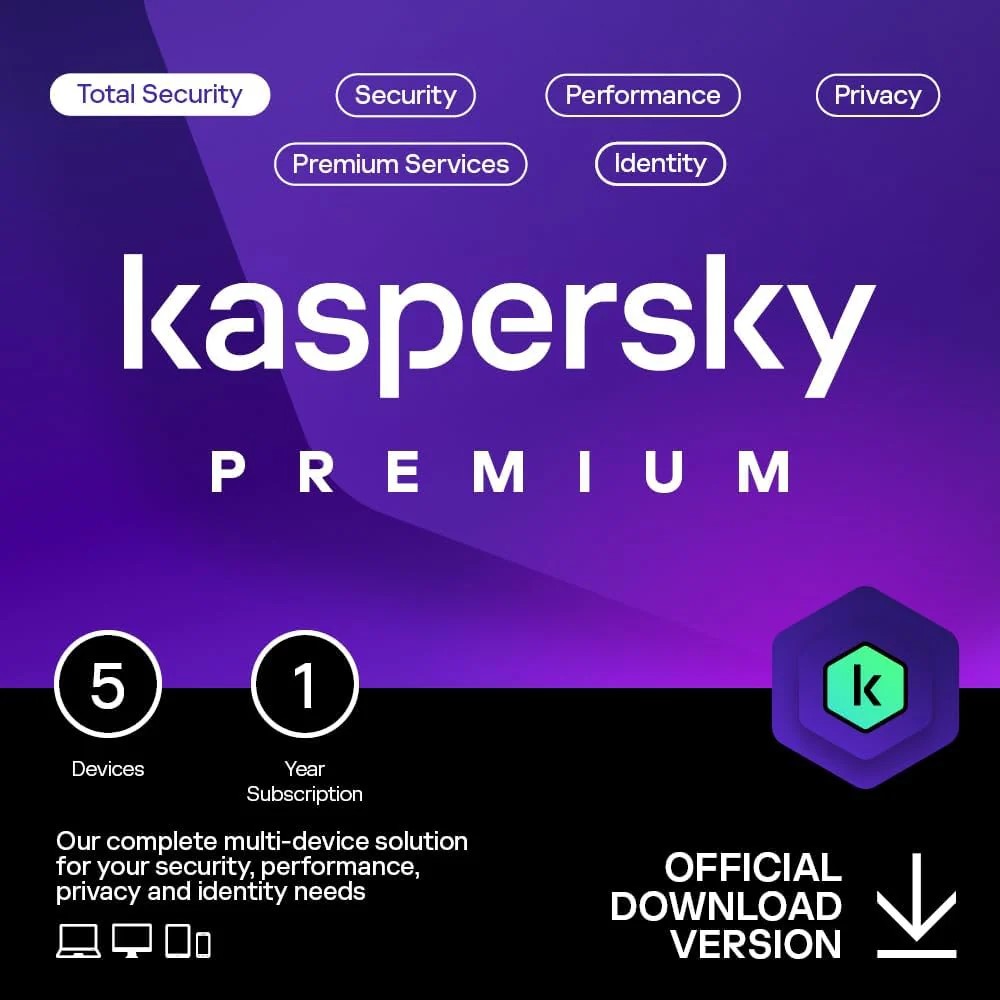 Kaspersky Premium (Total Security) PRODUCT KEY PACK | 5 Devices | 1 Year | Anti-Phishing and Firewall | Unlimited VPN | Password Manager | Online Banking Protection | PC/Mac/Mobile |