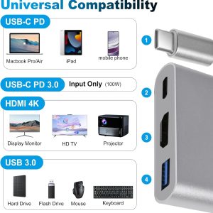 Type C to HDTV 3 in1 Adapter, Type C to HDTV Multiport Adapter with 4K HDMI Output，3 in 1 to 4K HDMI,USB3.0 and USB C Charging Port, USB-C Digital AV Multiport Adapter for TV and Projector - Image 3