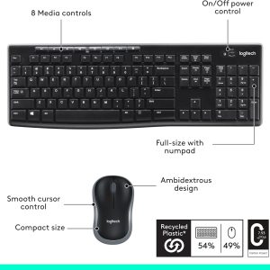 Logitech MK270 Full Size Wireless Keyboard and Mouse Combo - Black Full size keyboard with spill-resistant design, compact ambidextrous mouse, connect via single included USB-A Nano Receiver - Image 8