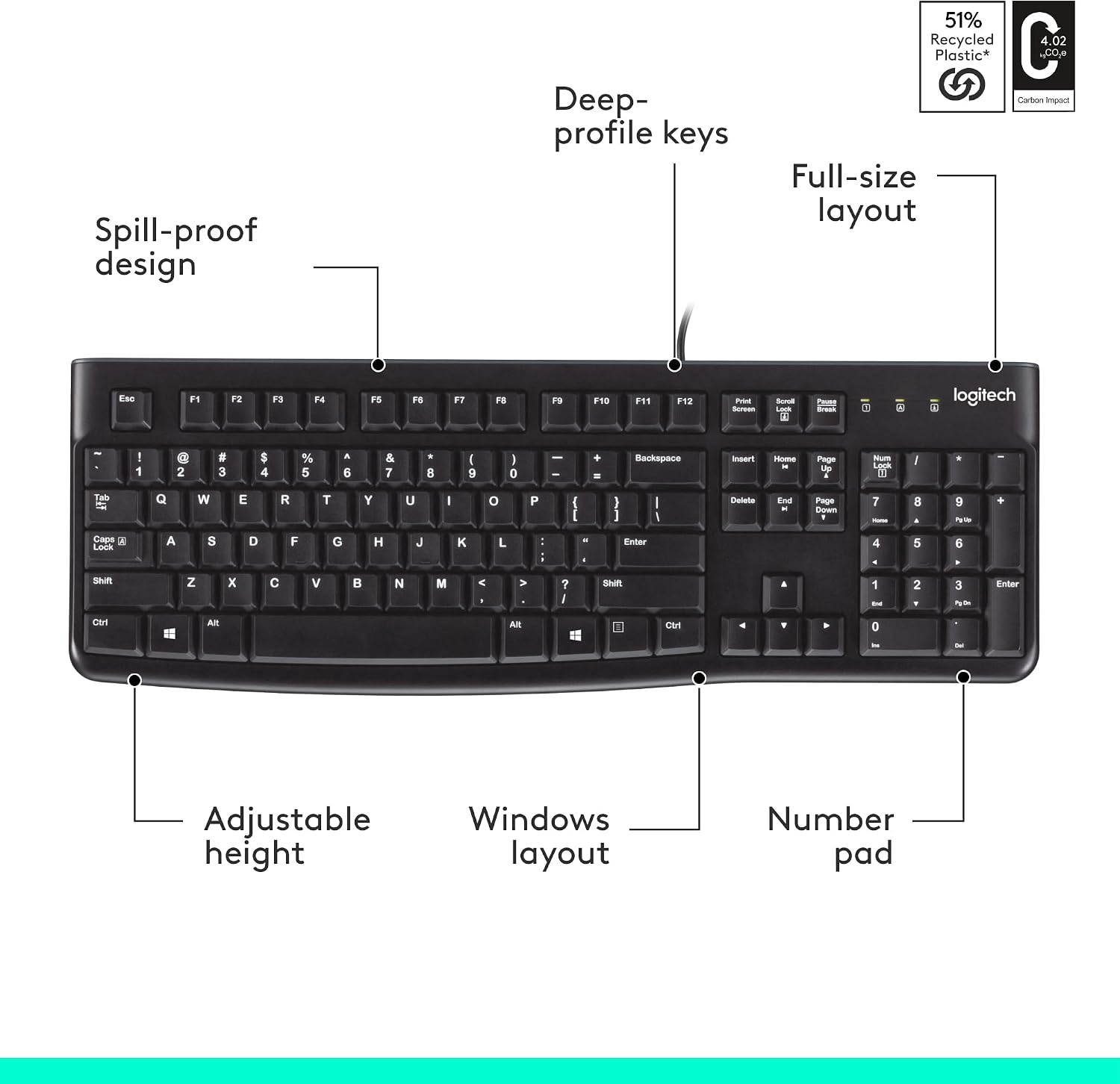Logitech K120 Keyboard | Full Size Wired USB Plug-and-Play - Black - Image 3