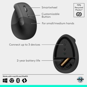 Logitech Lift Vertical Ergonomic Wireless and Bluetooth Mouse - Image 6