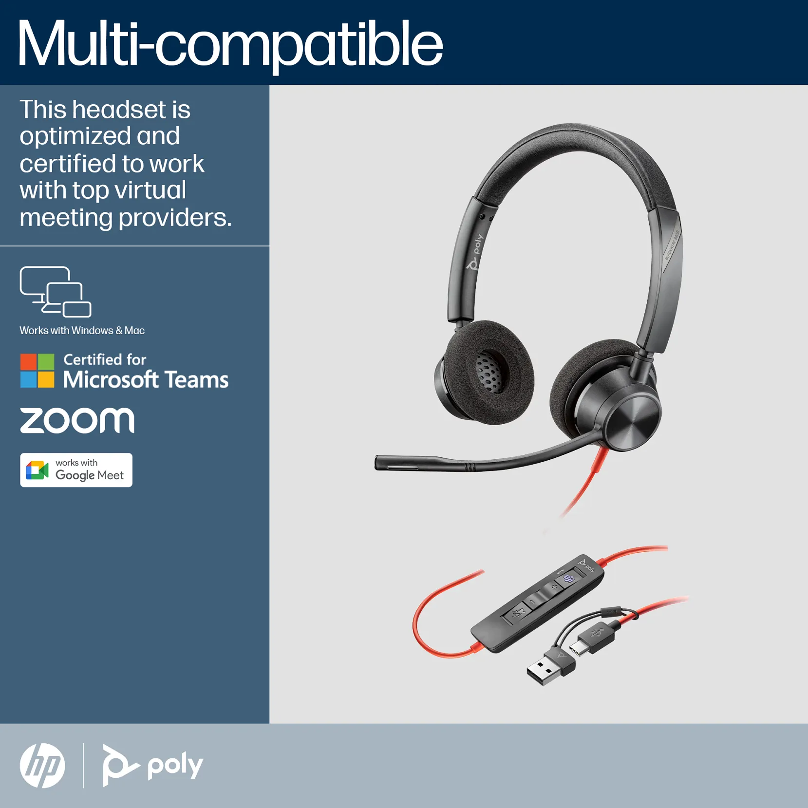 Poly Blackwire 3320 Wired Stereo Microsoft Teams Certified USB-C Headset With Noise cancellingMics +USB-C/A Adapter - 8X220AA - Image 2